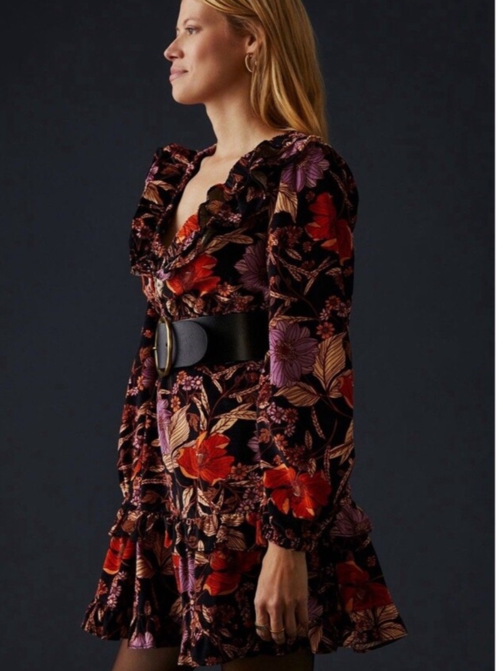 Anthropologie/Pilcro Corduroy Mini Dress with Floral Print, Size XS, EUC